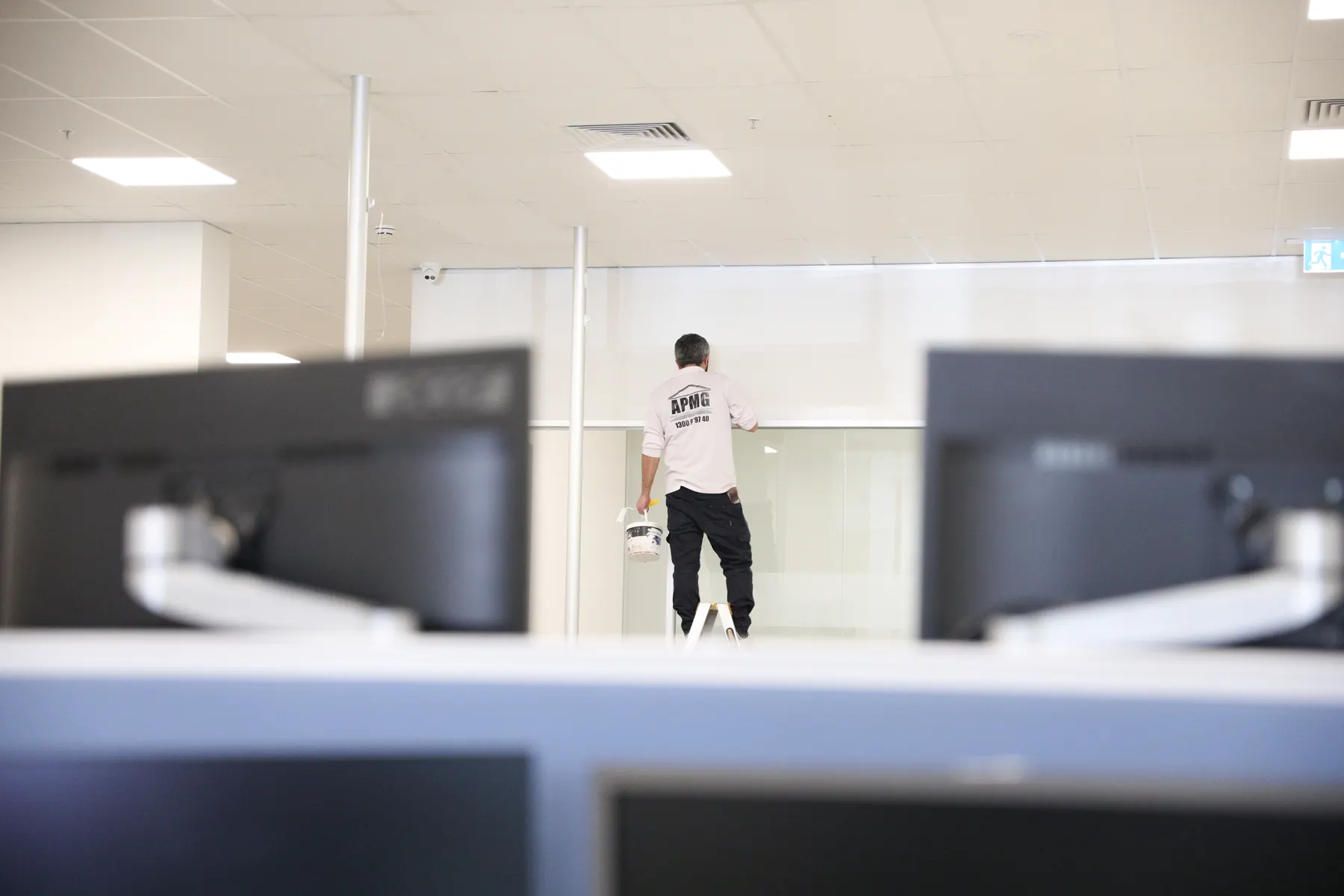 A painter on a stepladder working the far wall of an open-plan office, seen past two monitors on the desks