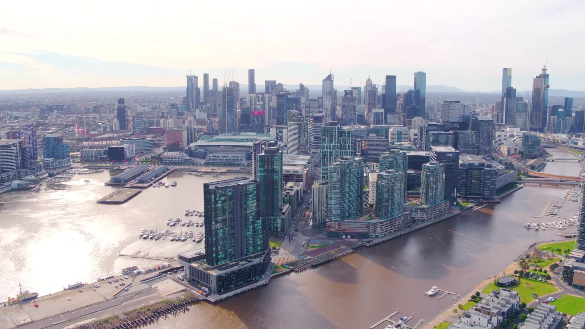 Melbourne from the air over Docklands, looking across the Yarra to the CBD skyline